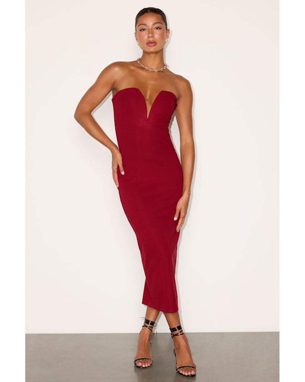 Lulus Red Iniko Strapless Bodycon Midi Dress