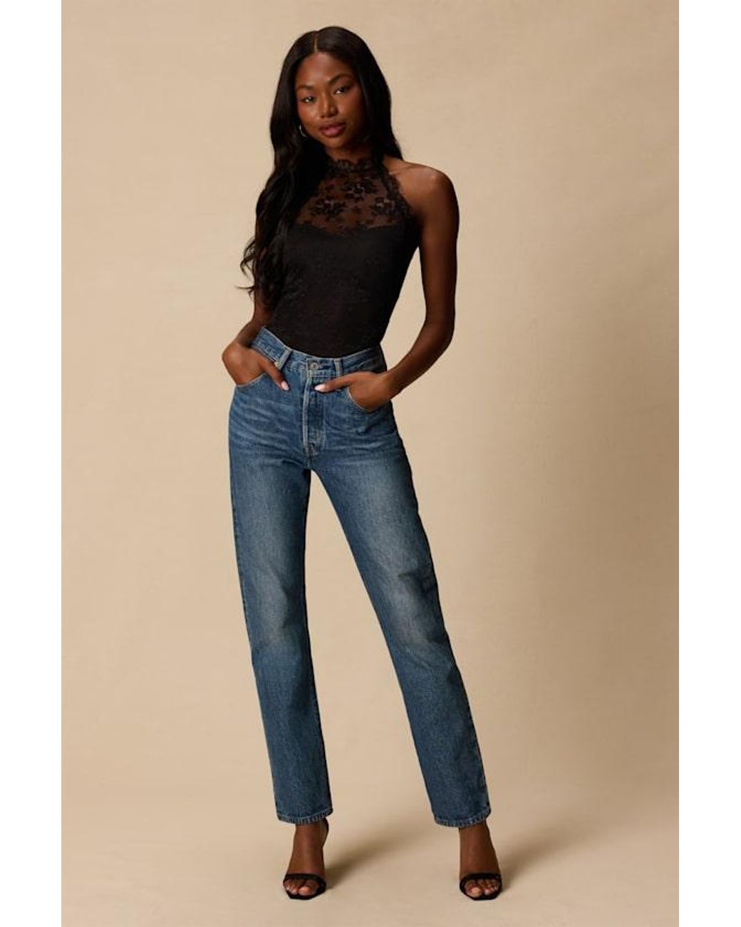 Lulus Blue Cambrie Lace Halter Bodysuit