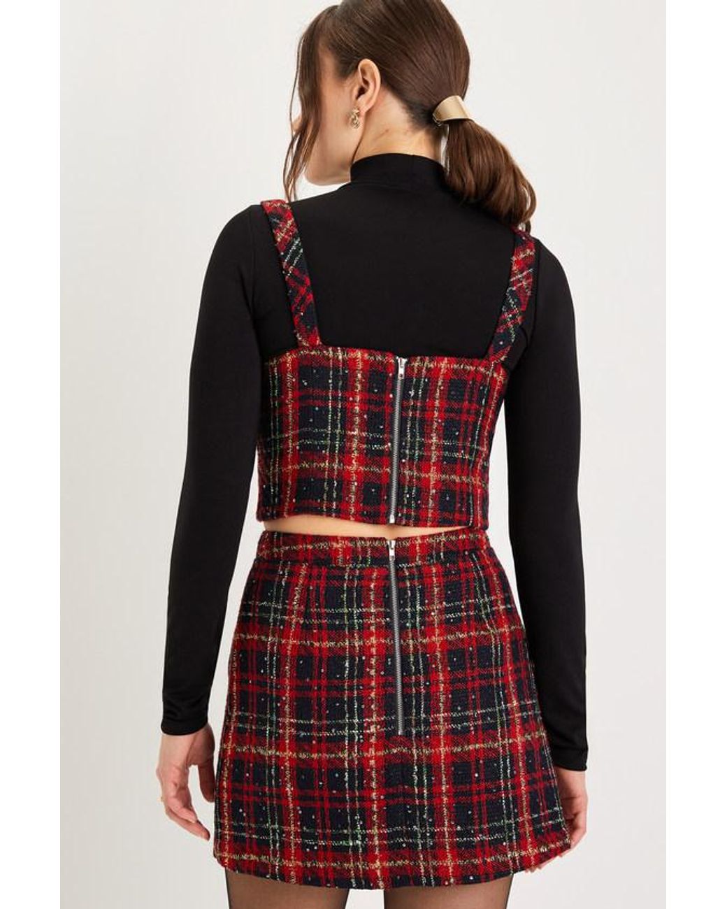 Lulus Red Adorably Posh Plaid Tweed Faux-Wrap Mini Skirt