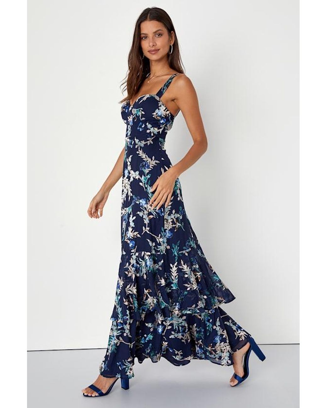 Lulus Blue Stunning Sweetness Floral Burnout Maxi Dress