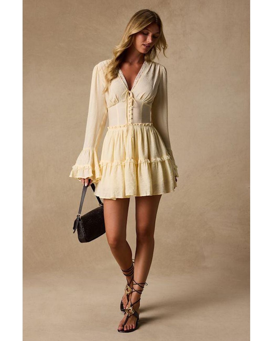 Lulus Natural Ayaana Pale Long Sleeve Tiered Mini Dress
