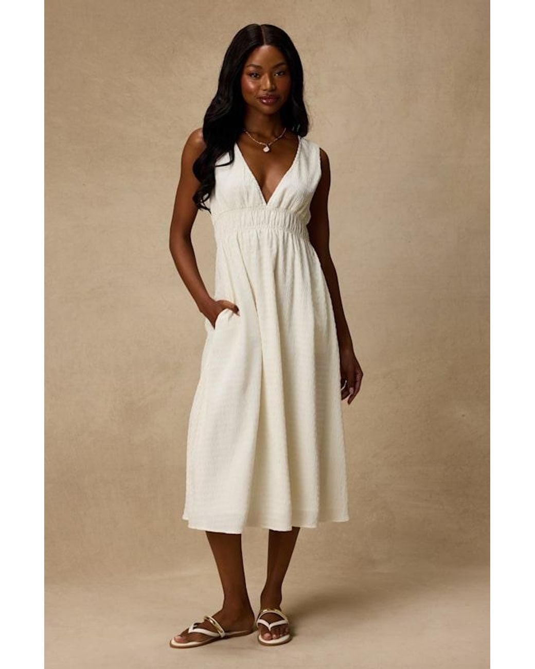 Lulus Natural Anamaya Textured V-Neck Midi Dress