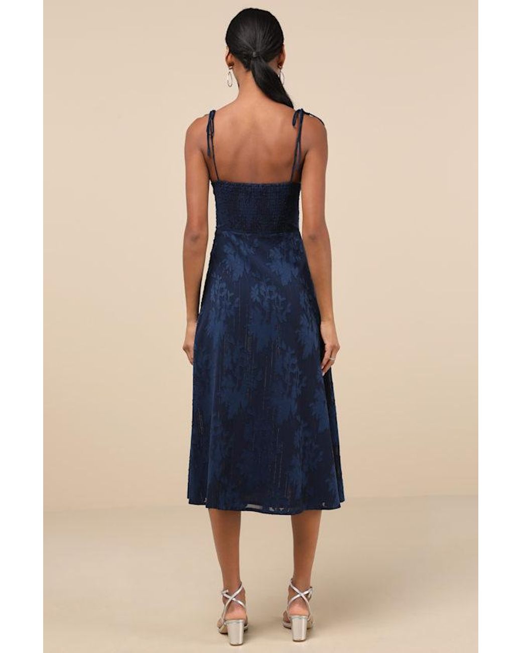 Lulus Blue Loveliest Looks Floral Jacquard Tie-Strap Midi Dress
