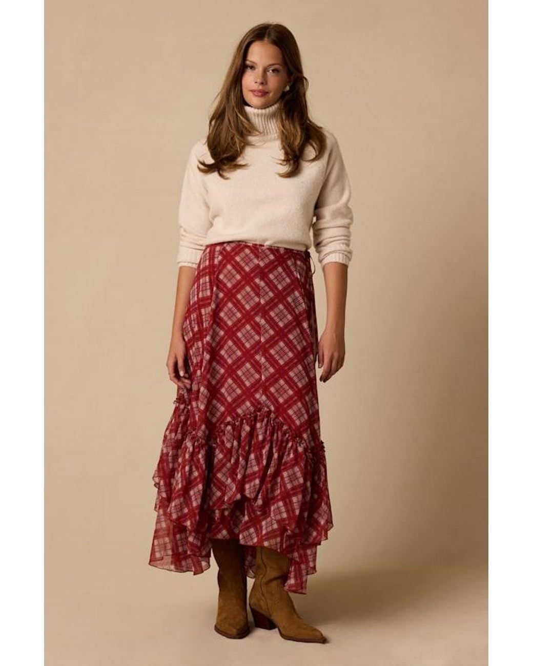 Lulus Brown Lynn Plaid Ruffled Midi Skirt