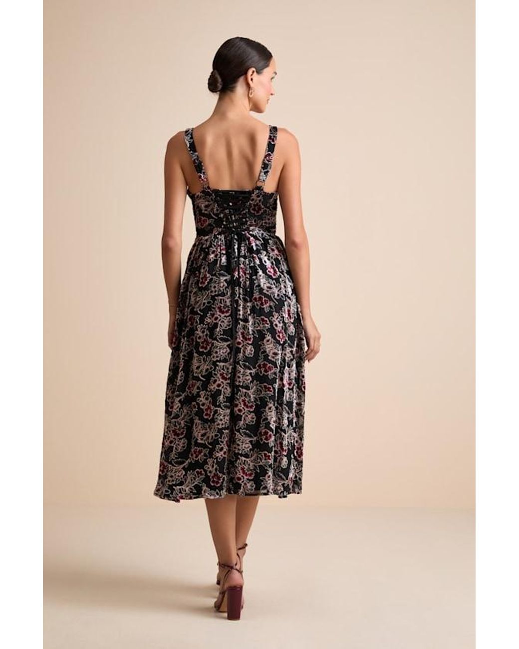 Lulus Natural Priella Velvet Burnout Lace-Up Midi Dress