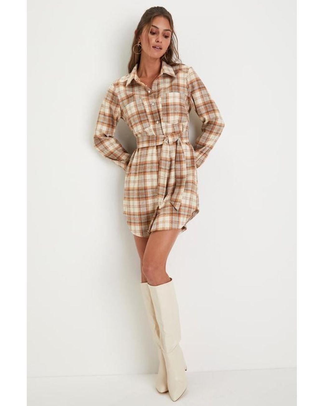 Lulus Natural Plaid Behavior And Plaid Long Sleeve Mini Dress