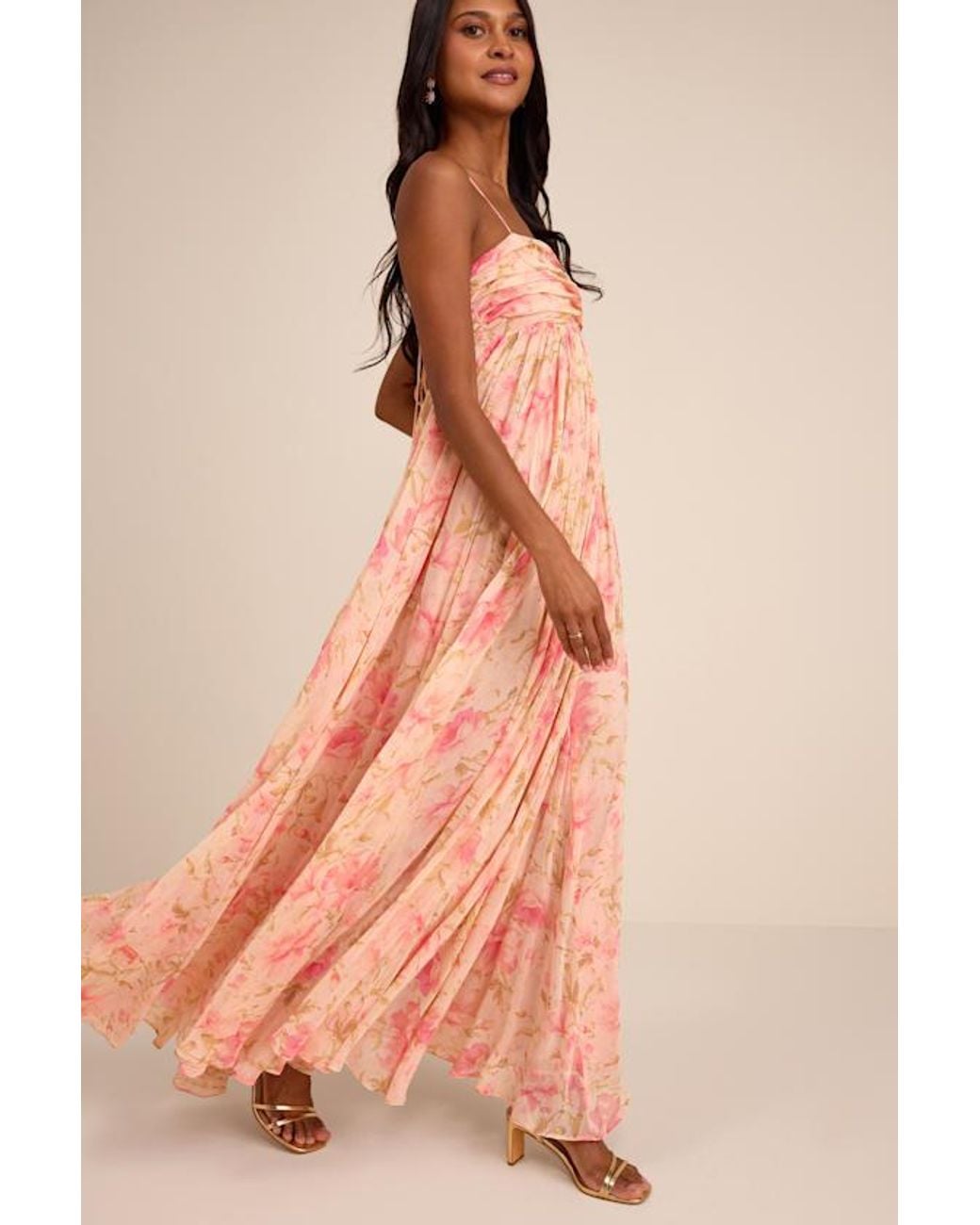 Lulus Pink Dansa Blush Multi Floral Pleated Maxi Dress