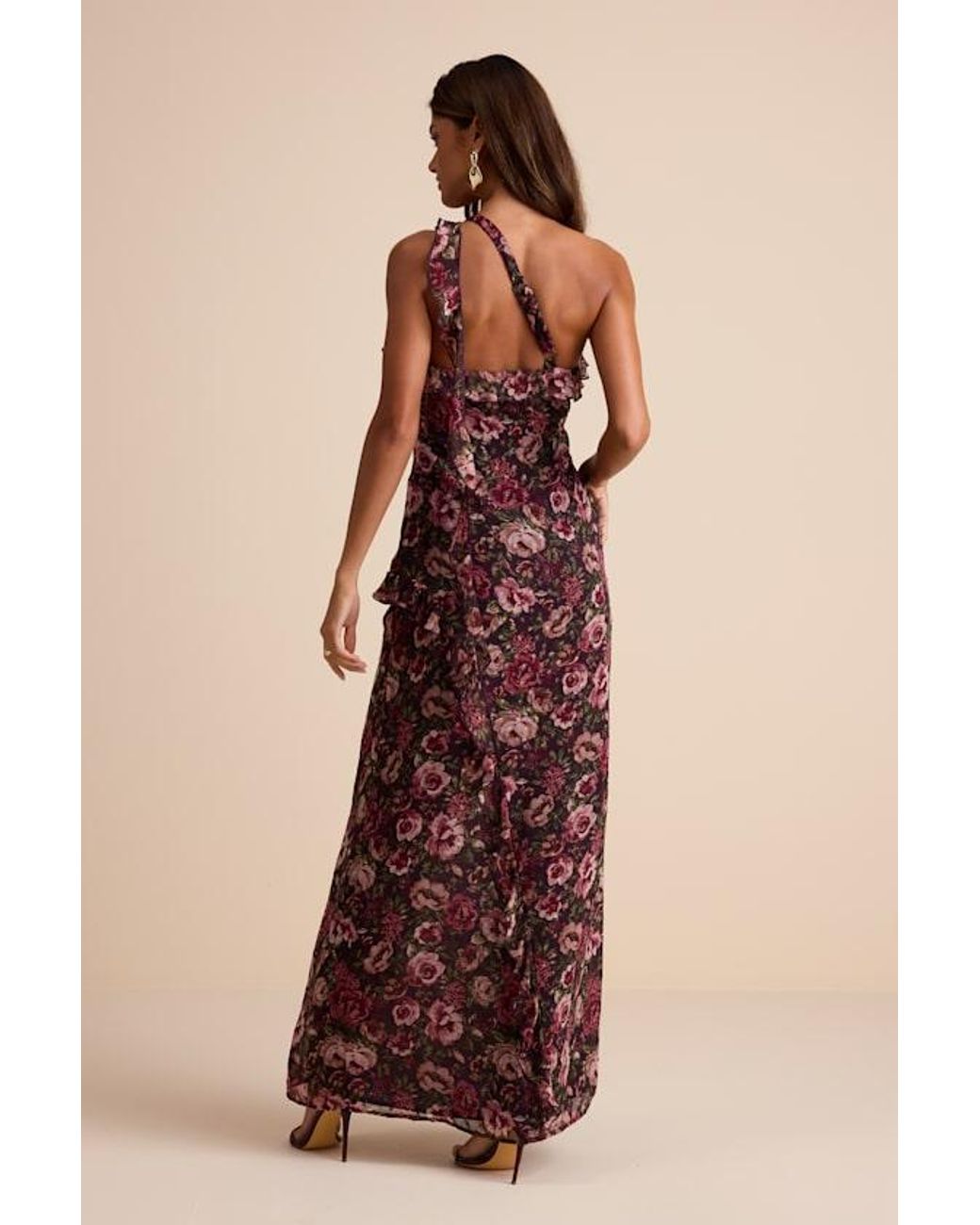 Lulus Natural Bonelle Plum Multi Floral Metallic Clip Dot Ruffled Maxi Dress