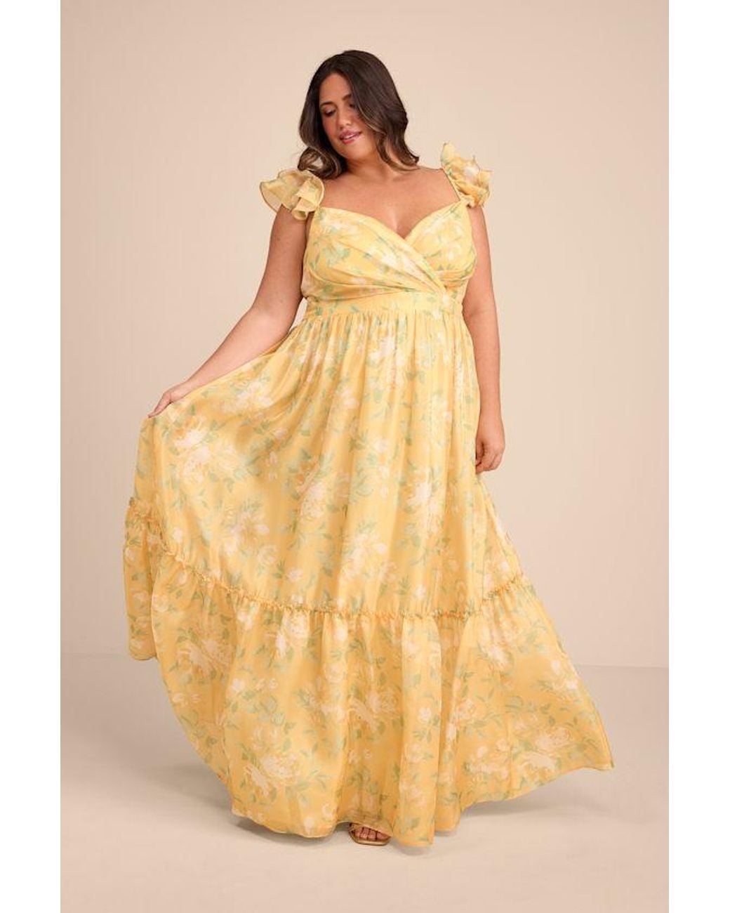 Lulus Yellow Soiree Perfection Floral Ruffled Tiered Maxi Dress