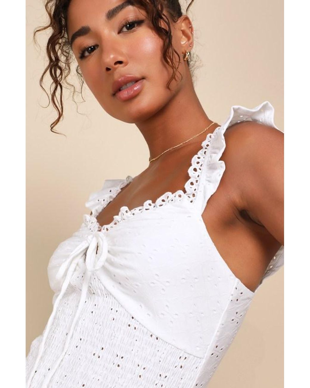 Lulus White Perfect Sweetness Eyelet Ruffled Keyhole Smocked Top