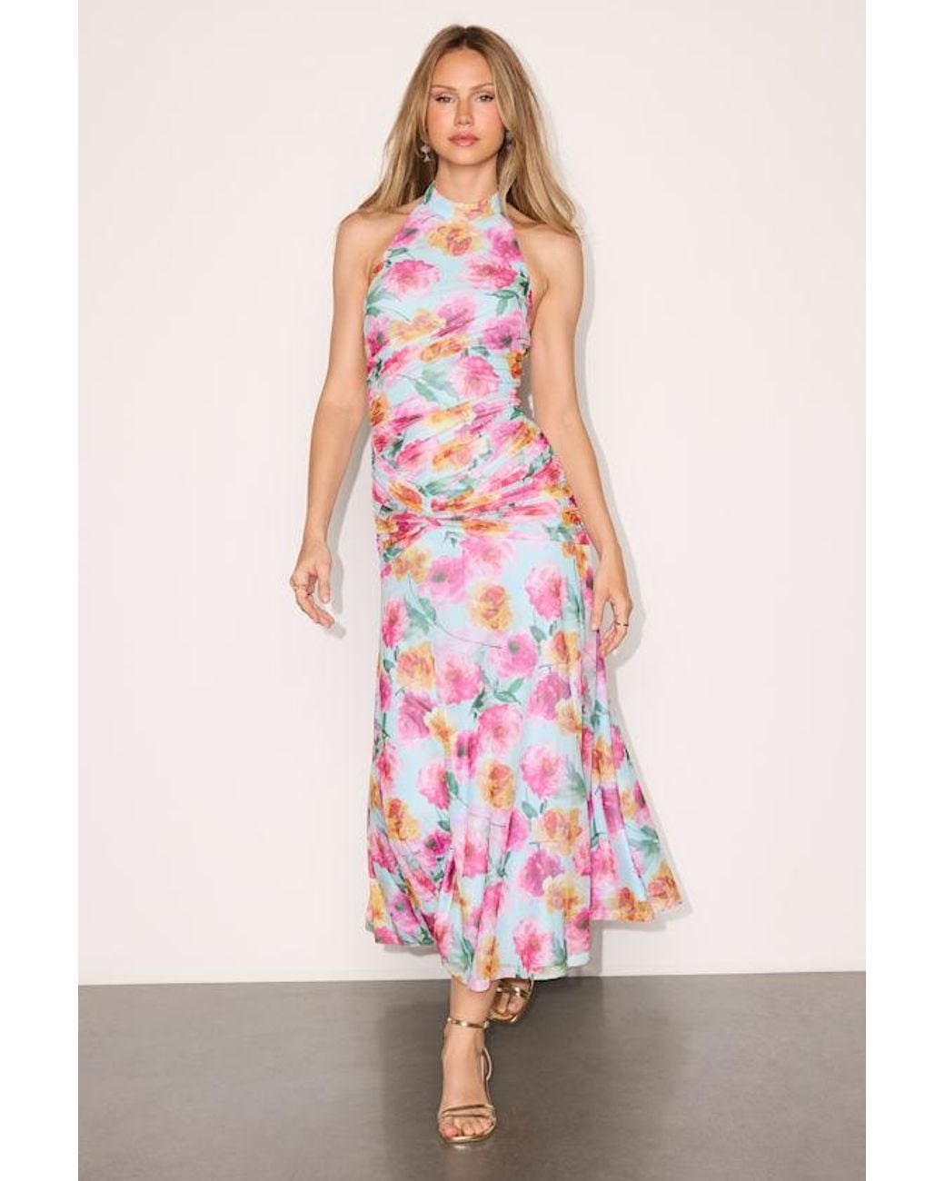 Lulus Pink Nancy Multi Mesh Halter Midi Dress