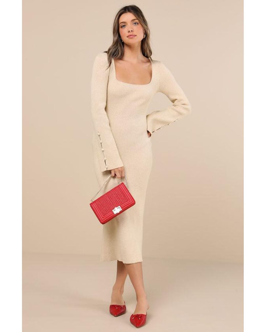 Lulus Natural Classy Attitude Ribbed Square Neck Midi Sweater Dress