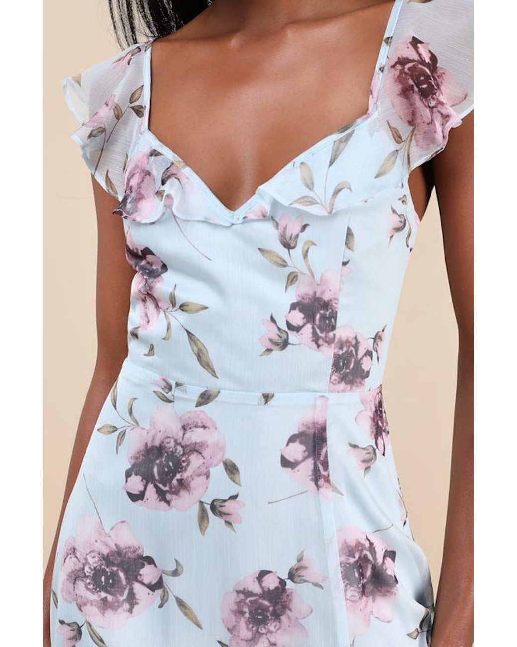 Lulus Blue Sweetest Entrance Floral Ruffled Tie-Back Maxi Dress