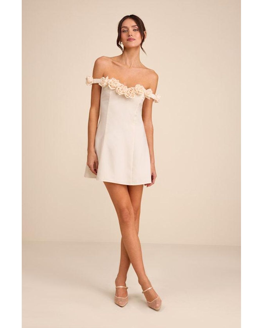 Lulus Natural Gracen Rosette Off-The-Shoulder Skater Mini Dress