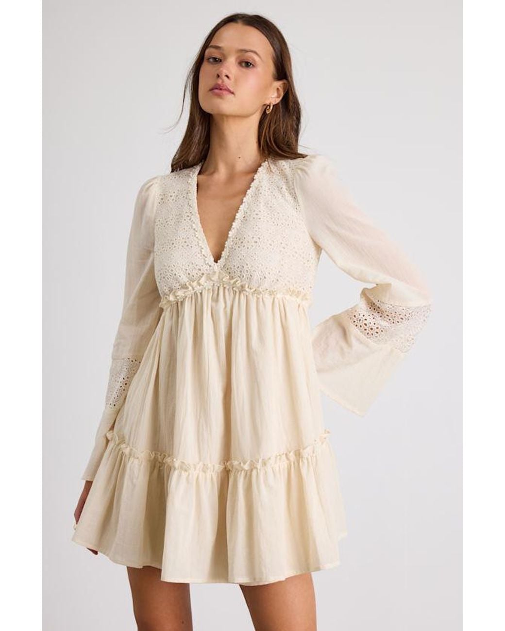 Lulus Natural Dovelynn Cream Long Sleeve Baby Doll Mini Dress