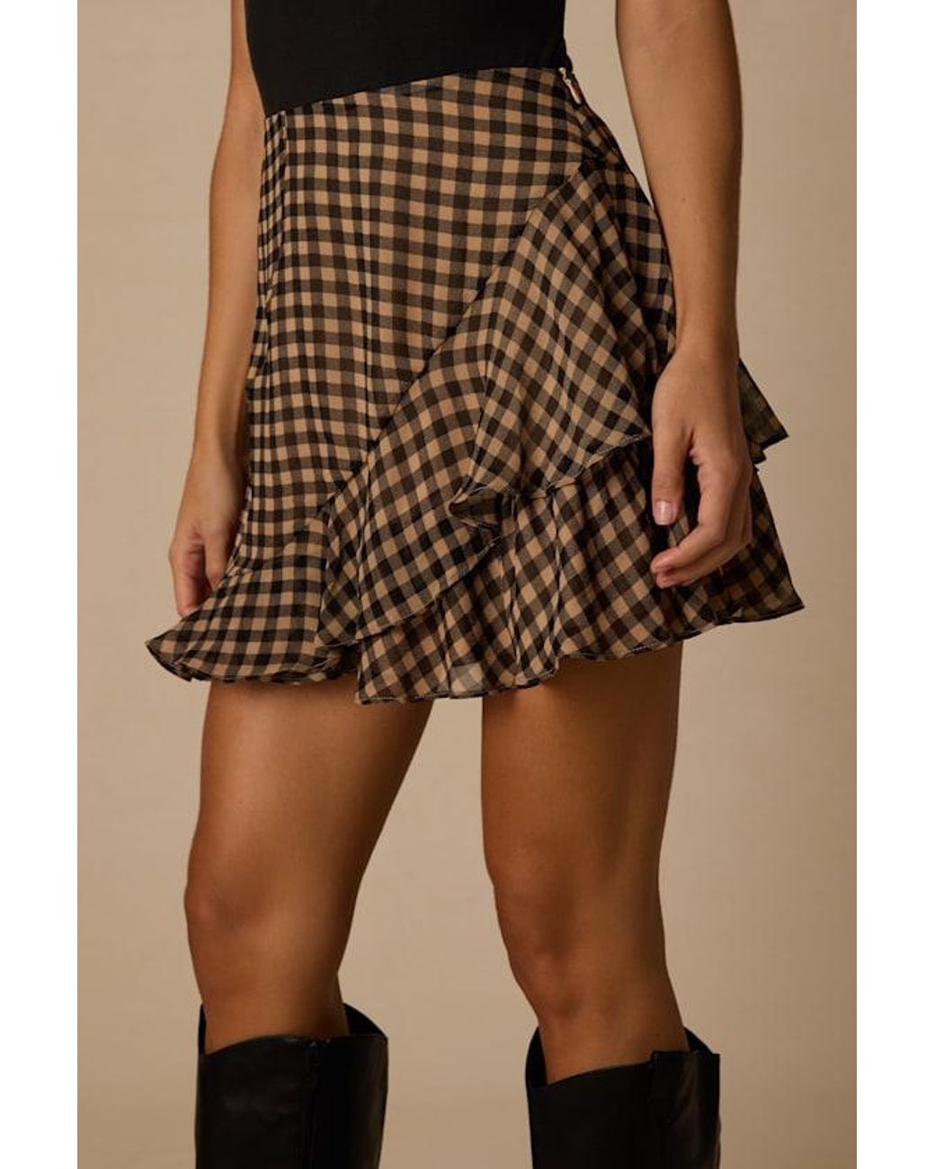 Lulus Brown Noelle Gingham Ruffled Mini Skirt