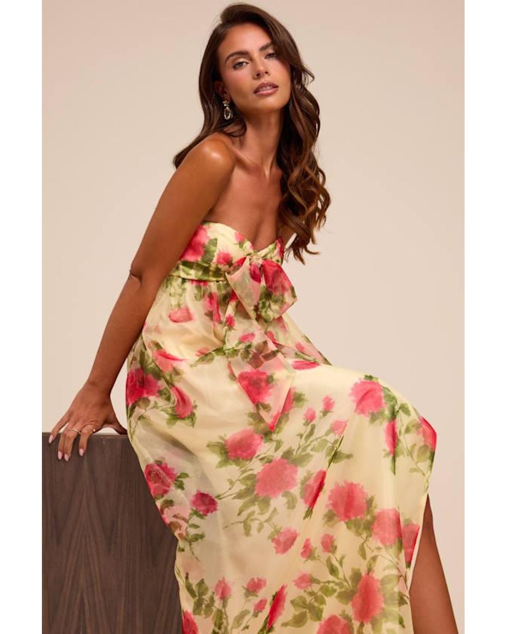 Lulus Natural Ember Floral Organza Strapless Maxi Dress