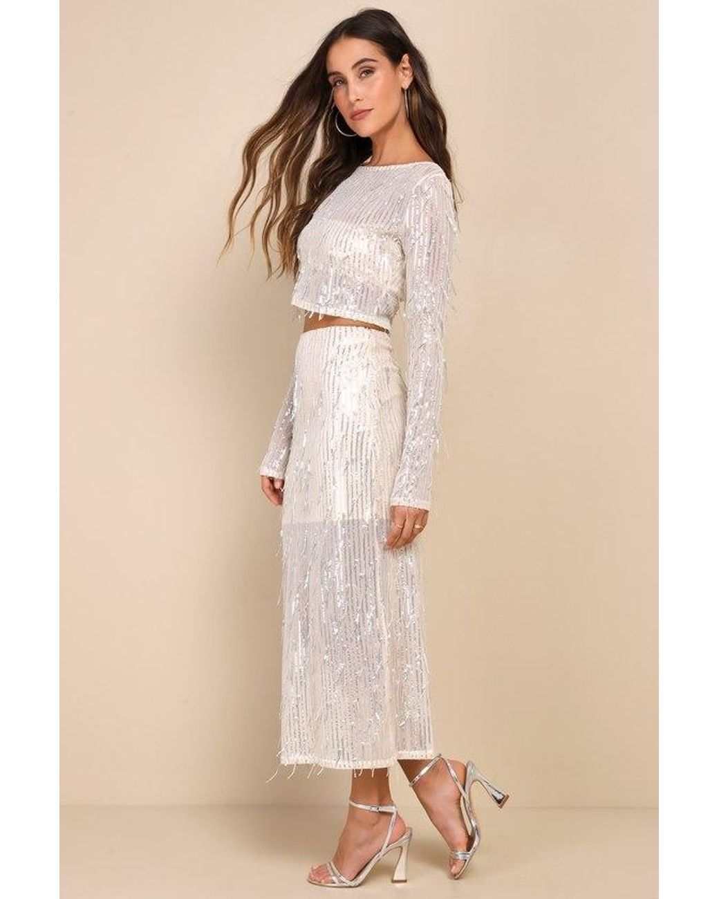 Lulus Natural Greatest Sparkle Mesh Sequin Fringe Two-Piece Midi Dress