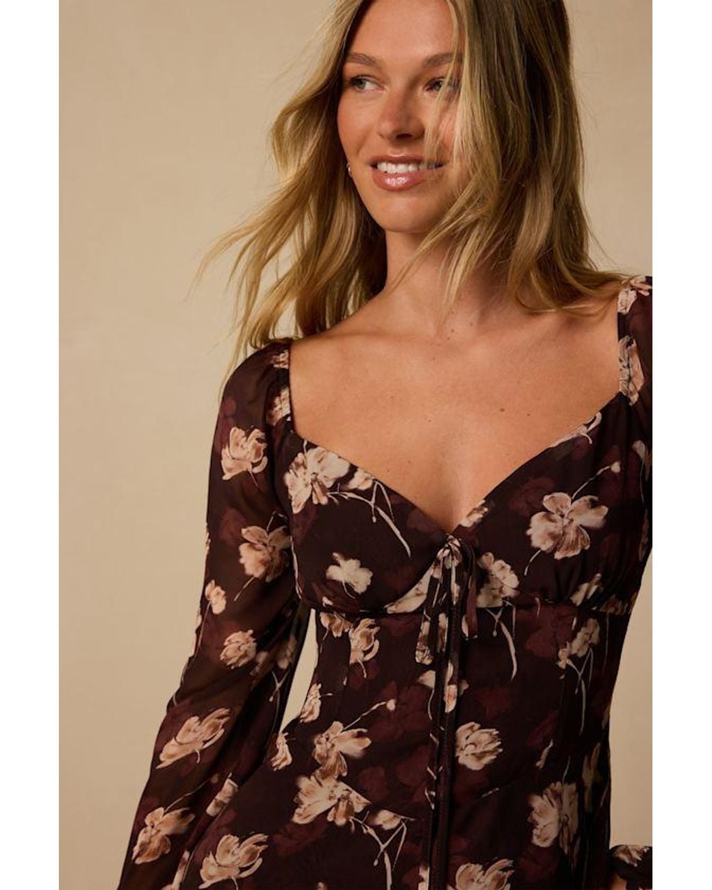 Lulus Brown Jodie Floral Long Sleeve Mini Dress
