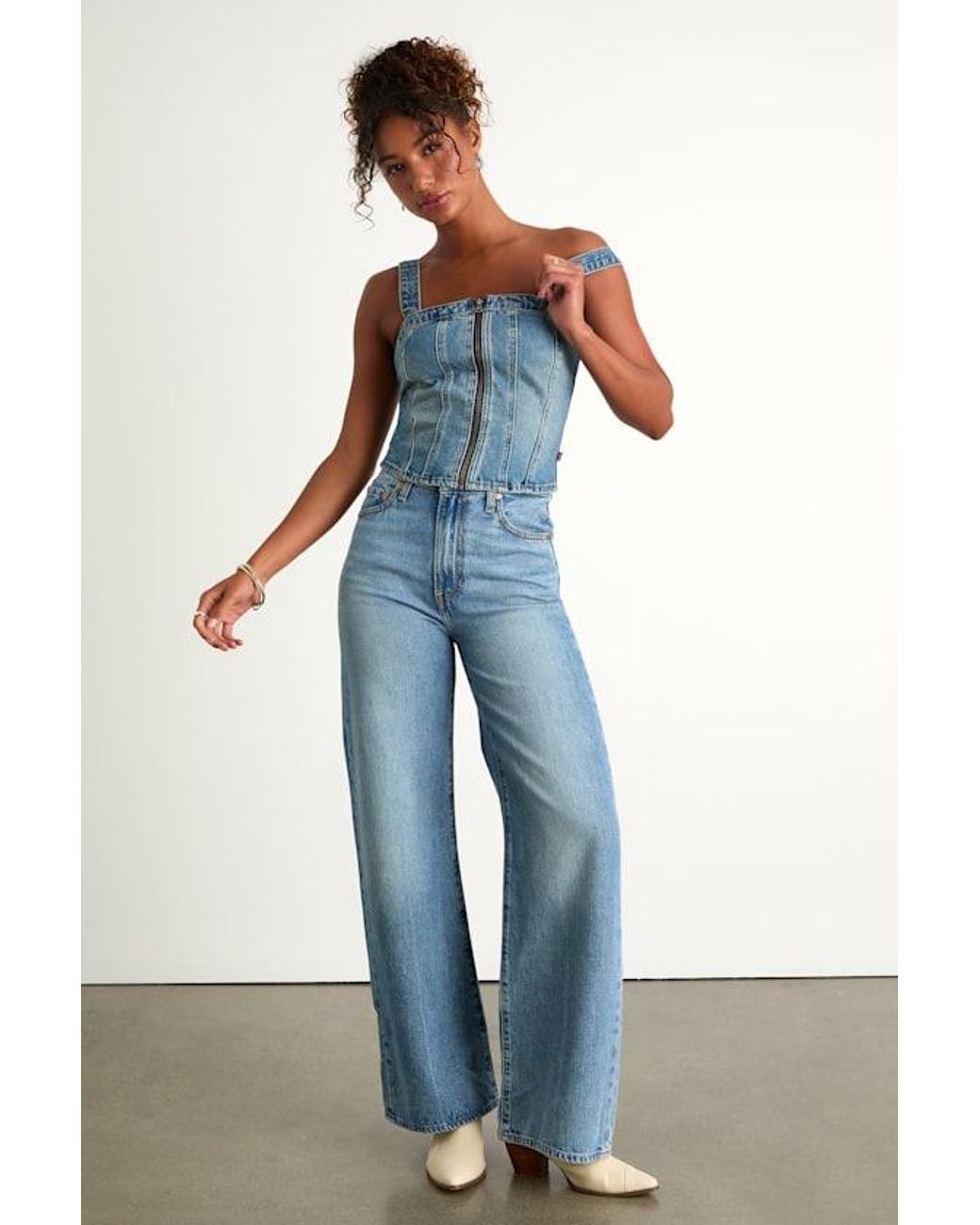 Levi's Blue Sculpted Bustier Medium Wash Zip-Front Denim Bustier Top