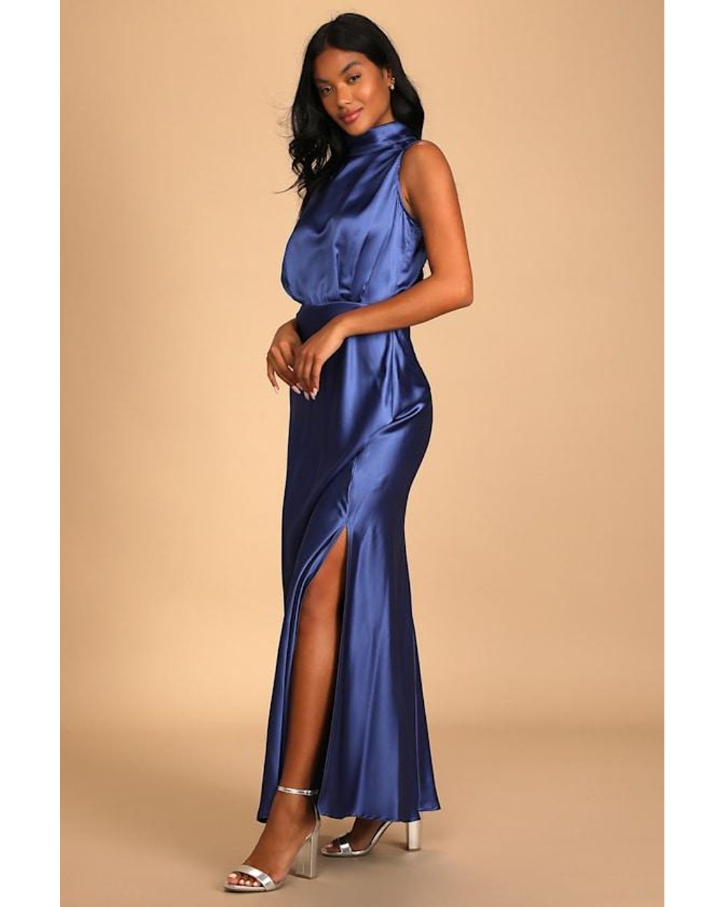 Lulus Blue Classic Elegance Satin Sleeveless Mock Neck Maxi Dress