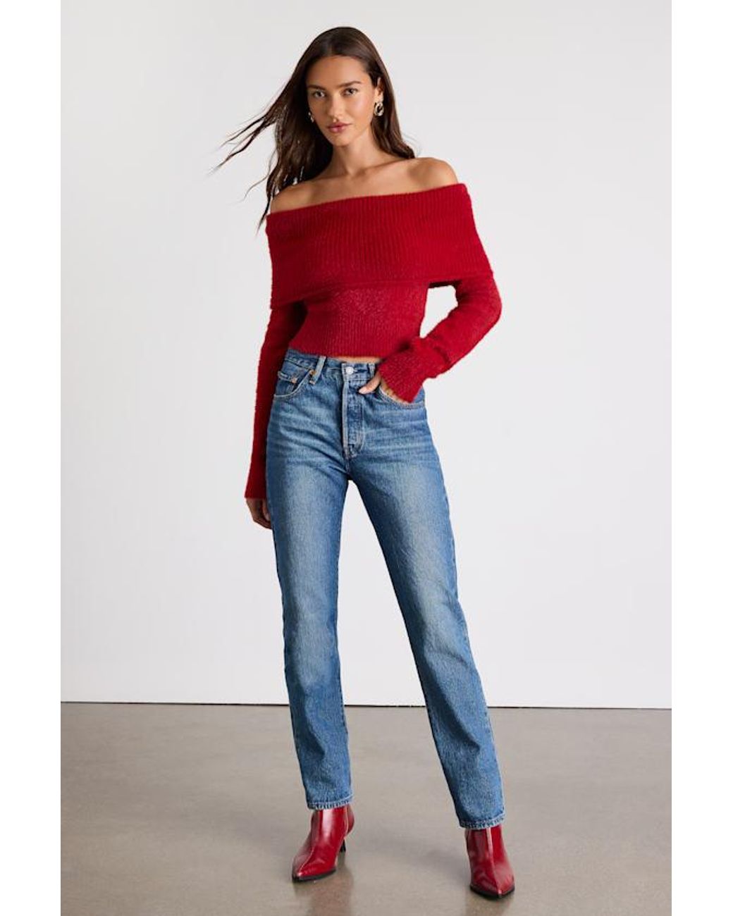 Lulus Red Ravenna Eyelash Knit Off-The-Shoulder Sweater Top
