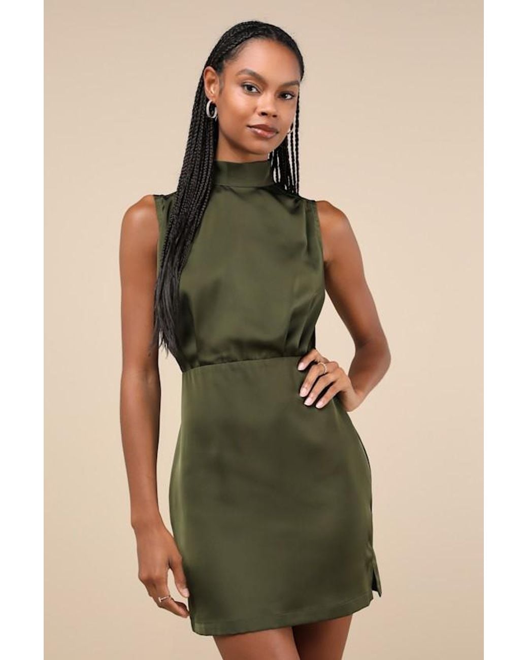 Lulus Green Classic Elegance Satin Sleeveless Mock Neck Mini Dress