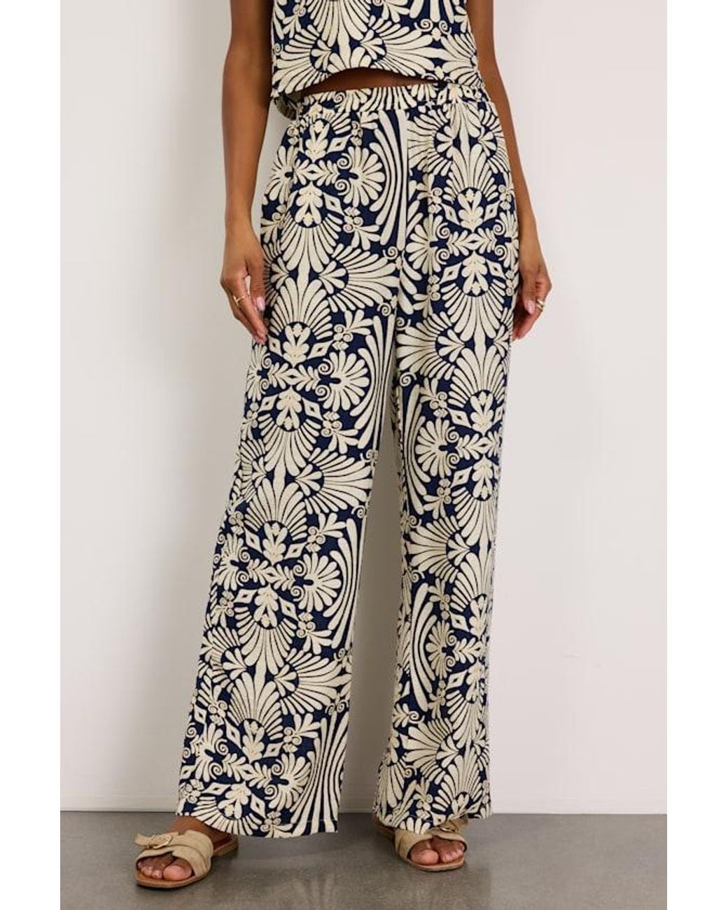 Lulus Blue Abril And Ivory Boho Print Wide-Leg Pants