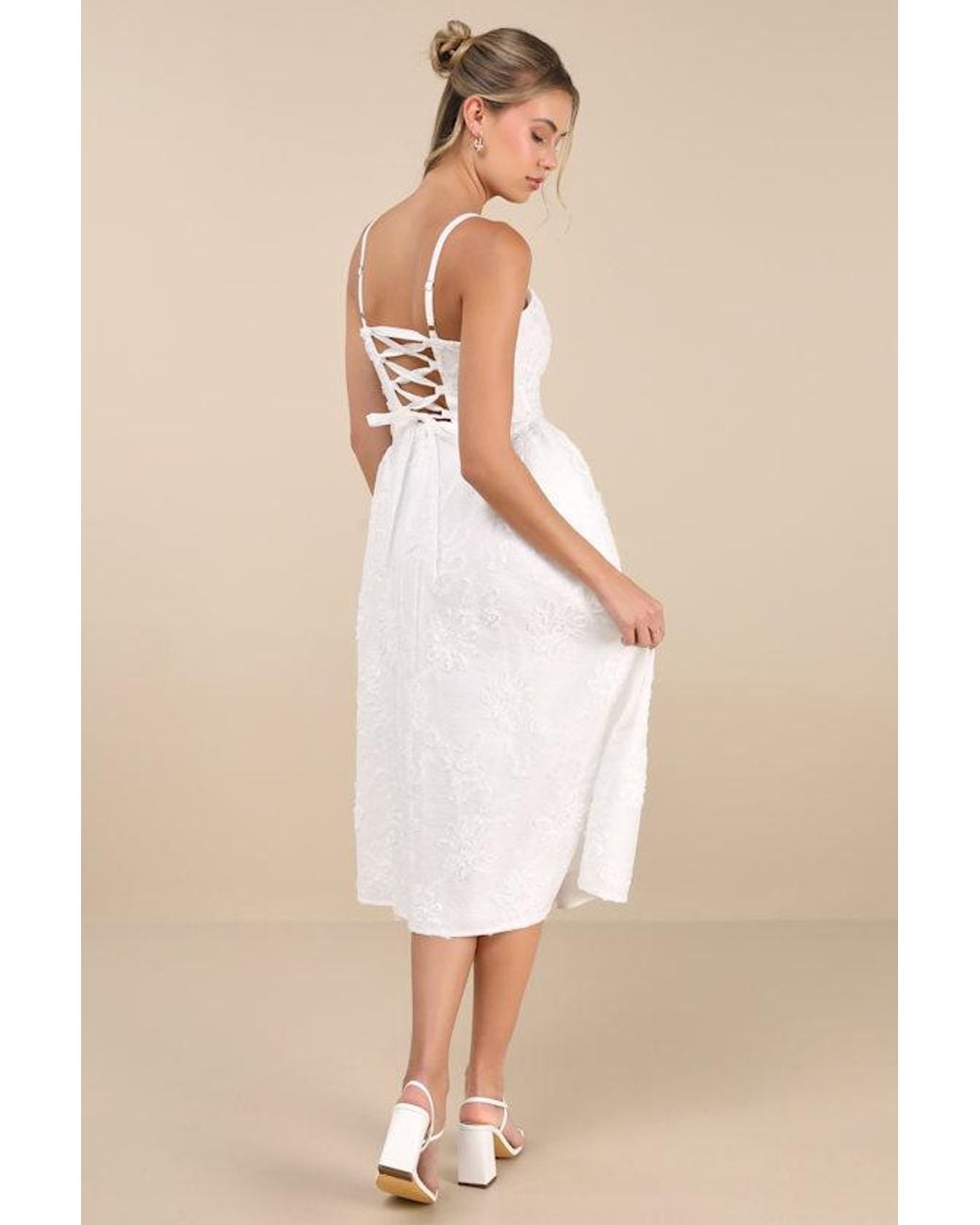 Lulus Natural Teodora Floral Applique Lace-Up Midi Dress
