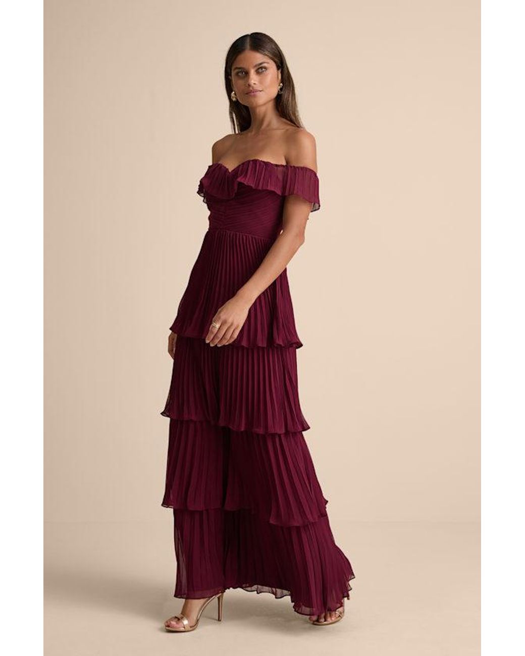 Lulus Red Always Remarkable Pleated Off-The-Shoulder Maxi Dress