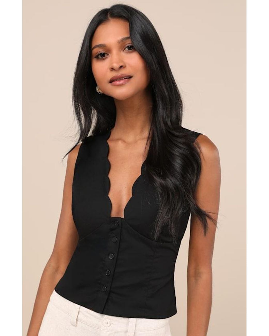 Lulus Black Seasonally Lovely Scalloped Button-Front Top
