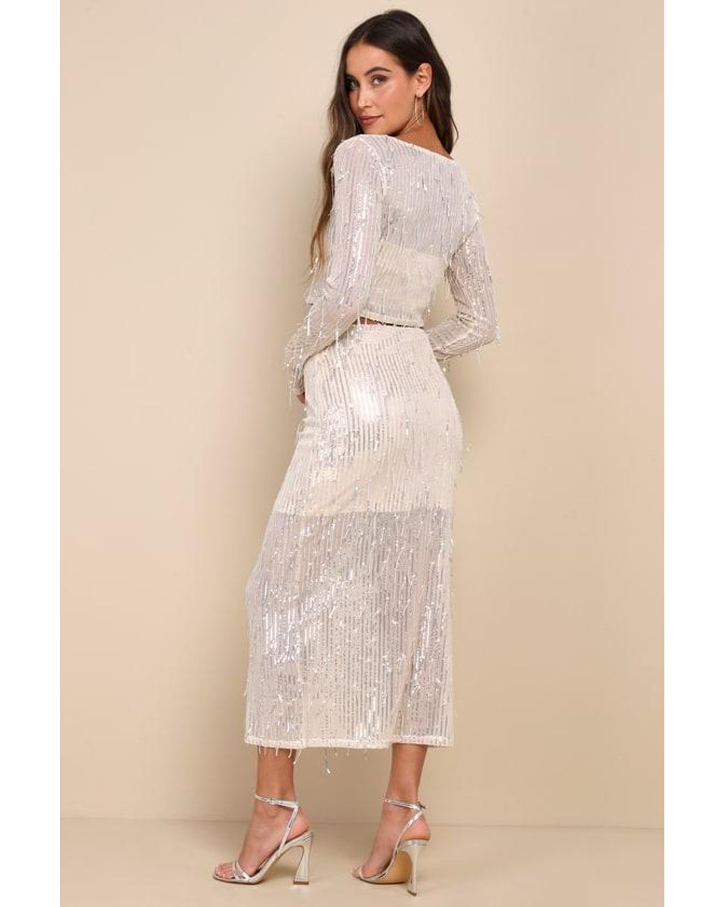 Lulus Natural Greatest Sparkle Mesh Sequin Fringe Two-Piece Midi Dress