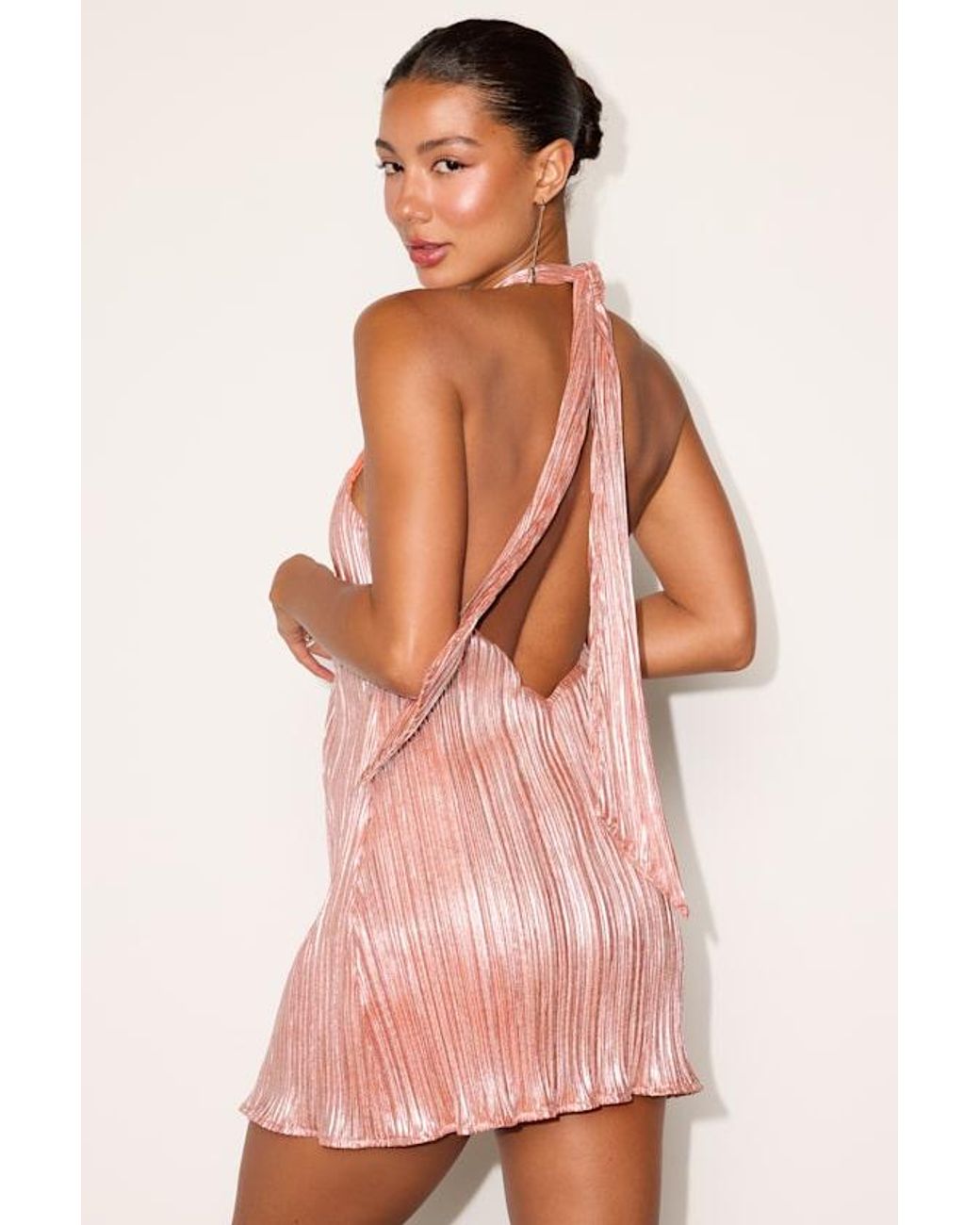 Lulus Pink Collins Lurex Plisse Halter Mini Dress