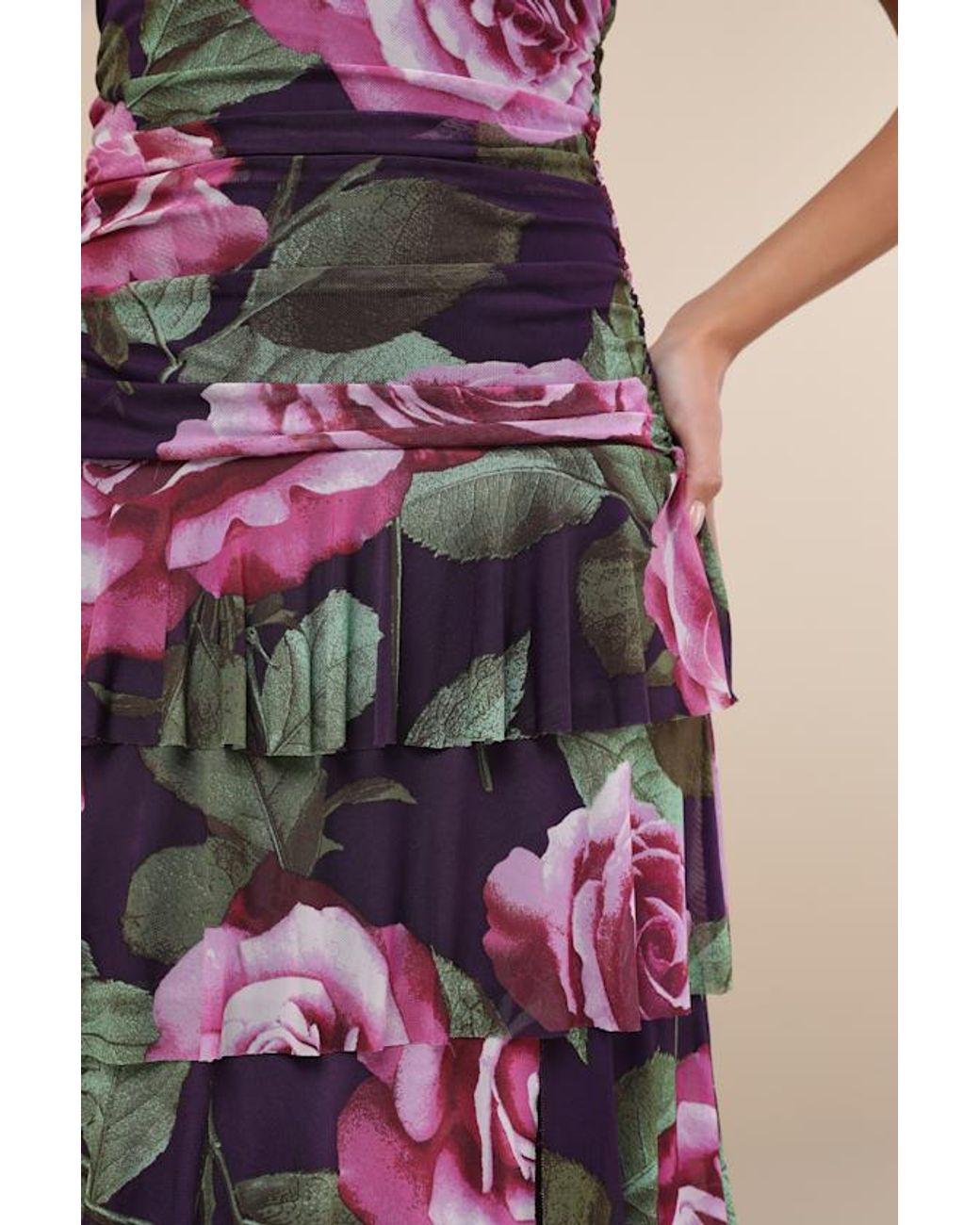 Lulus Purple Phenomenal Aura Plum Floral Ruched Tiered Strapless Maxi Dress