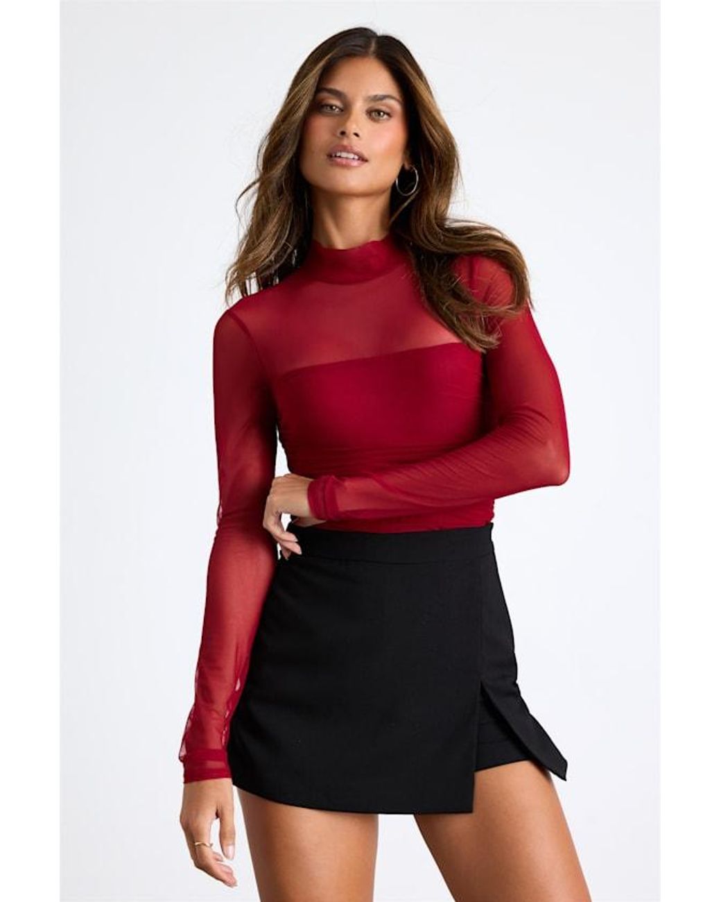 Lulus Red Clearly Alluring Mesh Long Sleeve Mock Neck Bodysuit
