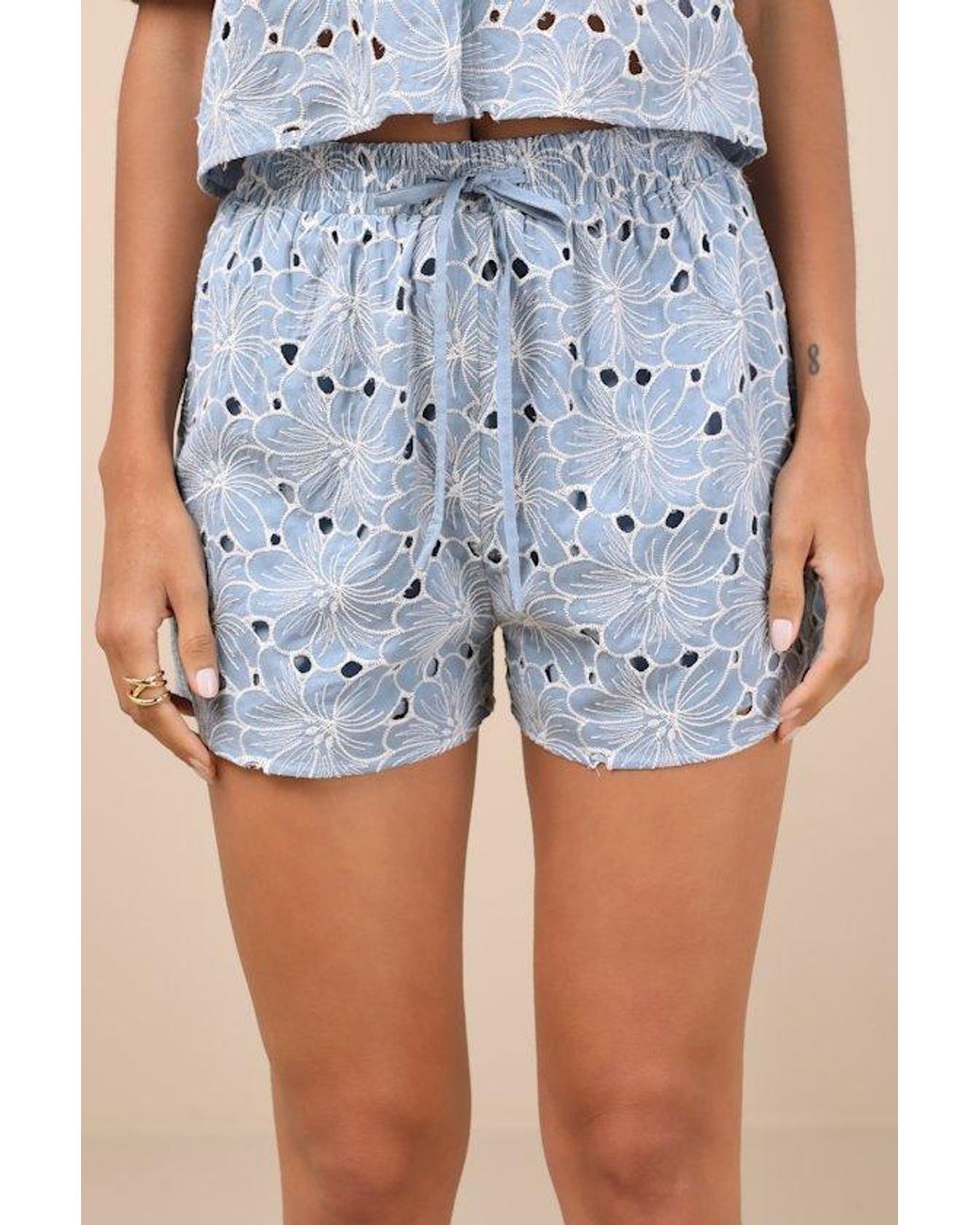 Lulus Blue Aminta Eyelet Embroidered Drawstring Shorts