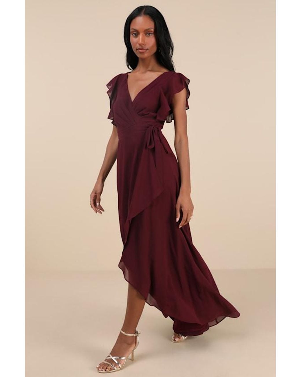 Lulus Red Ravishing Charm Ruffled Wrap High-Low Maxi Dress