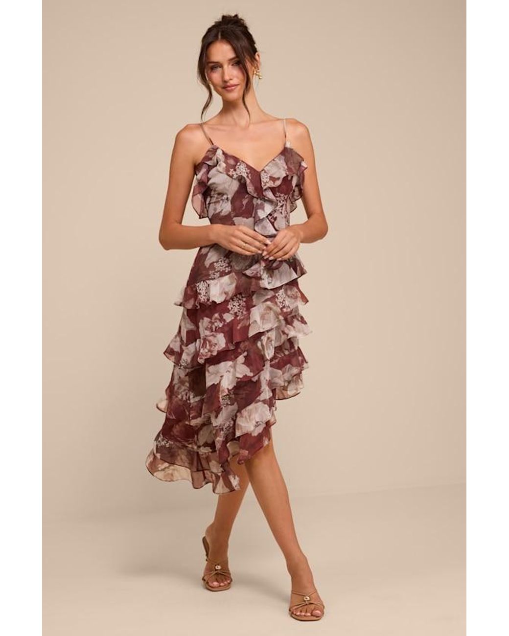 Lulus Natural Sinclair Floral Ruffled Midi Dress