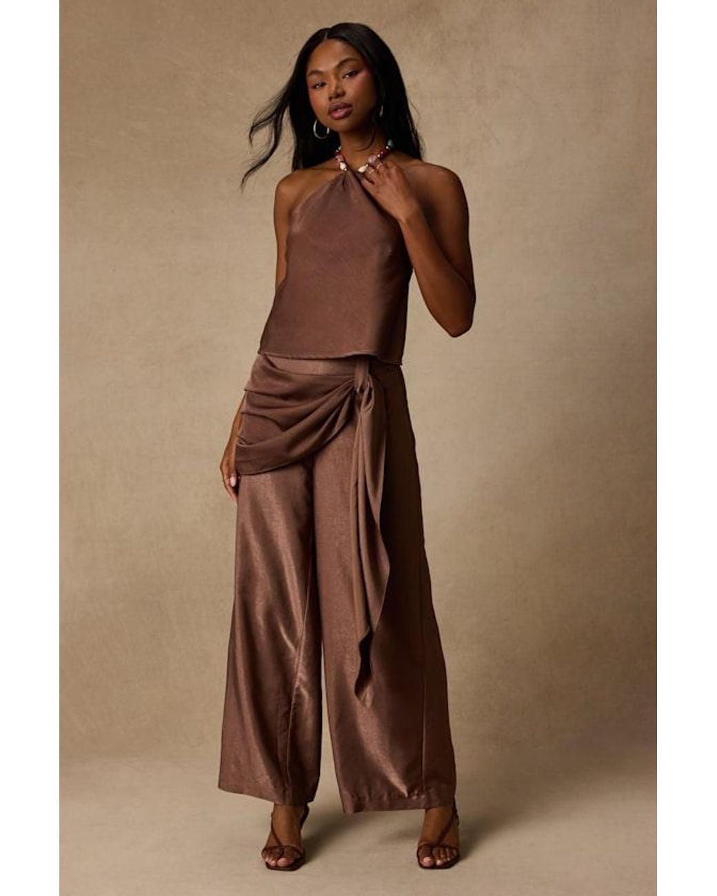 Lulus Brown Clarice Metallic Sash Wide-Leg Pants