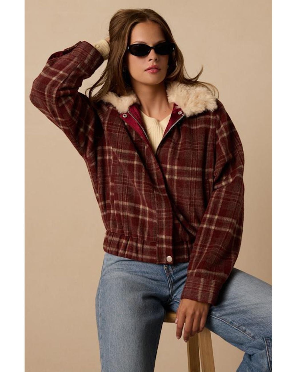 Lulus Brown Pinak Plaid Faux Fur Jacket