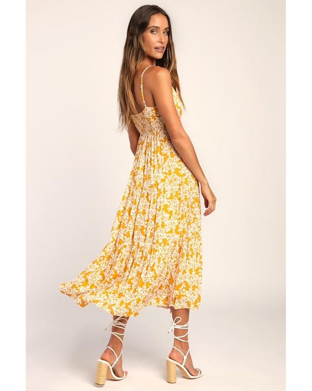 Lulus Yellow Catching Sunrays Floral Print Midi Dress