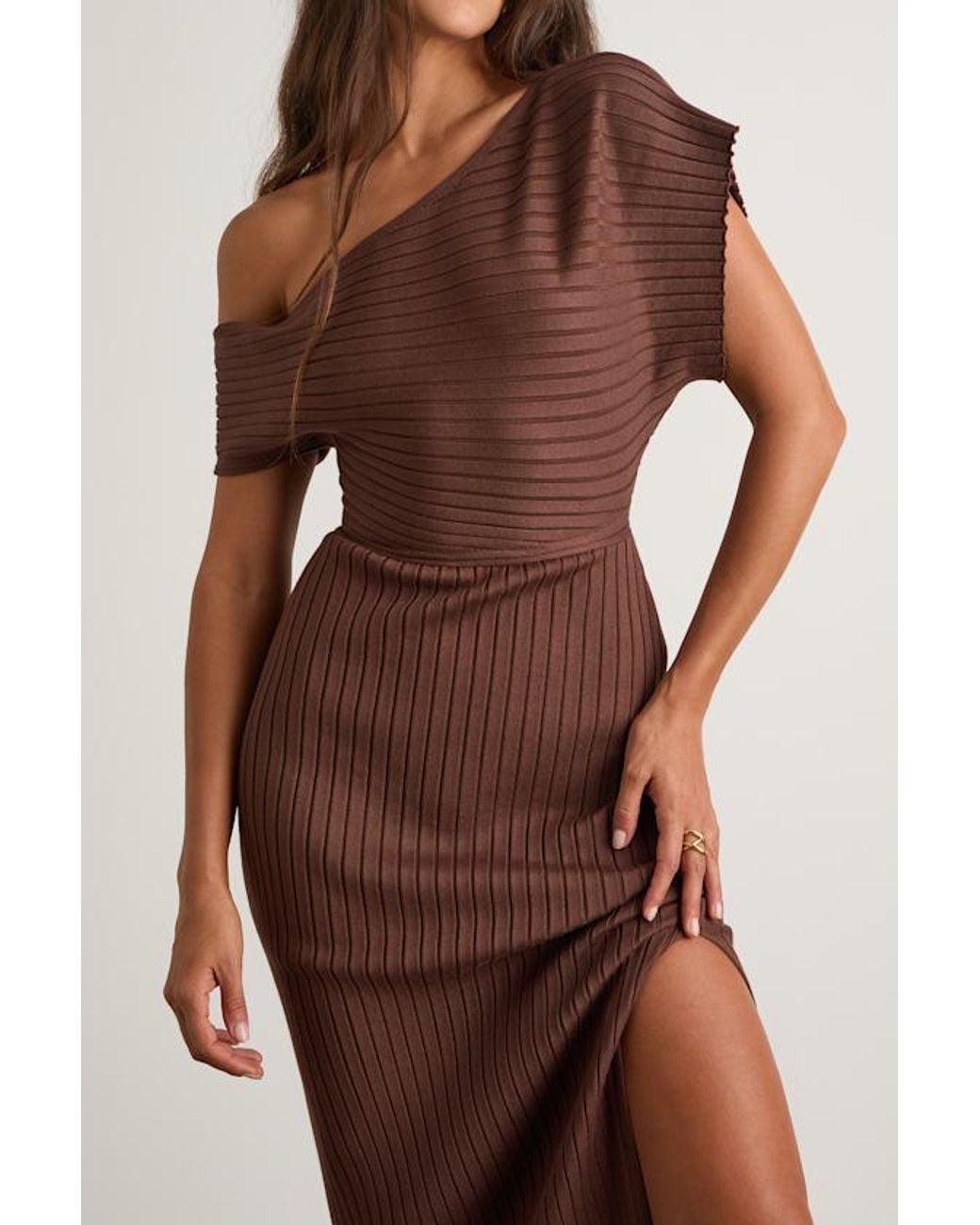 Lulus Brown Brady Ribbed Off-The-Shoulder Sweater Midi Dress