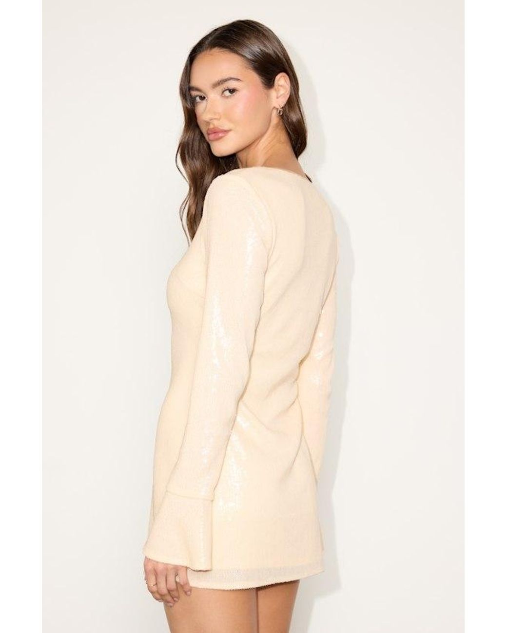 Lulus Natural Reims Cream Sequin Keyhole Long Sleeve Mini Dress