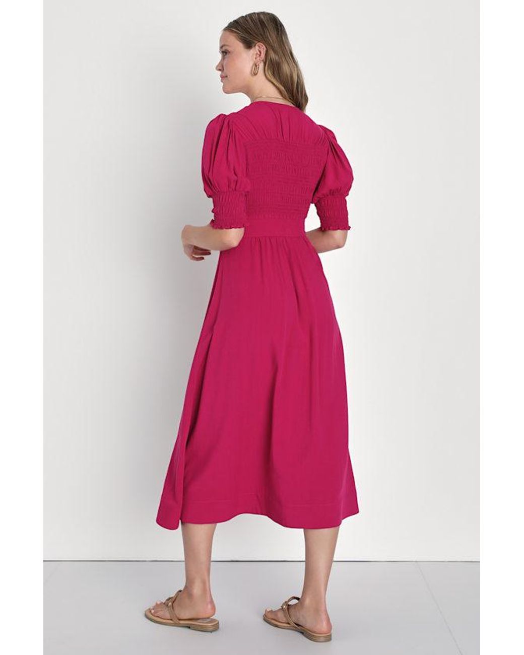 Lulus Pink Featured Cutie Smocked Tie-Front Midi Dress