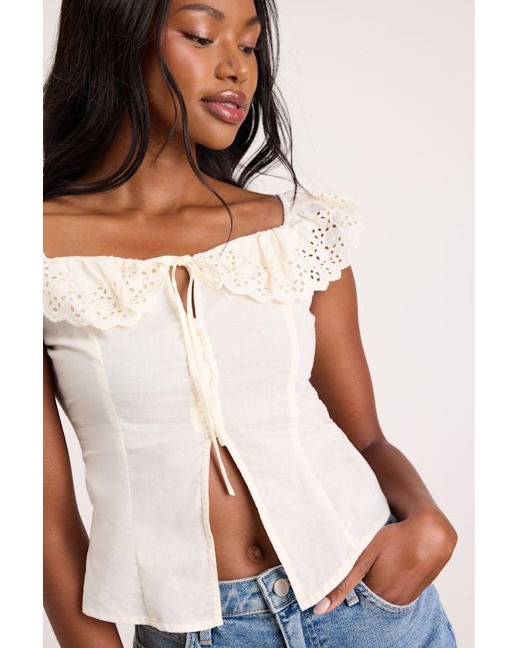 Lulus Natural Alesana Eyelet Embroidered Button-Front Top