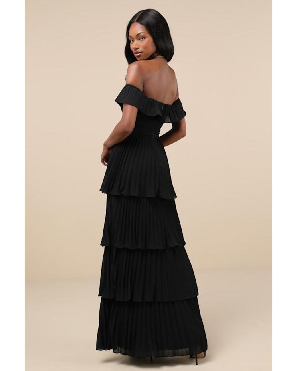 Lulus Black Always Remarkable Pleated Off-The-Shoulder Maxi Dress