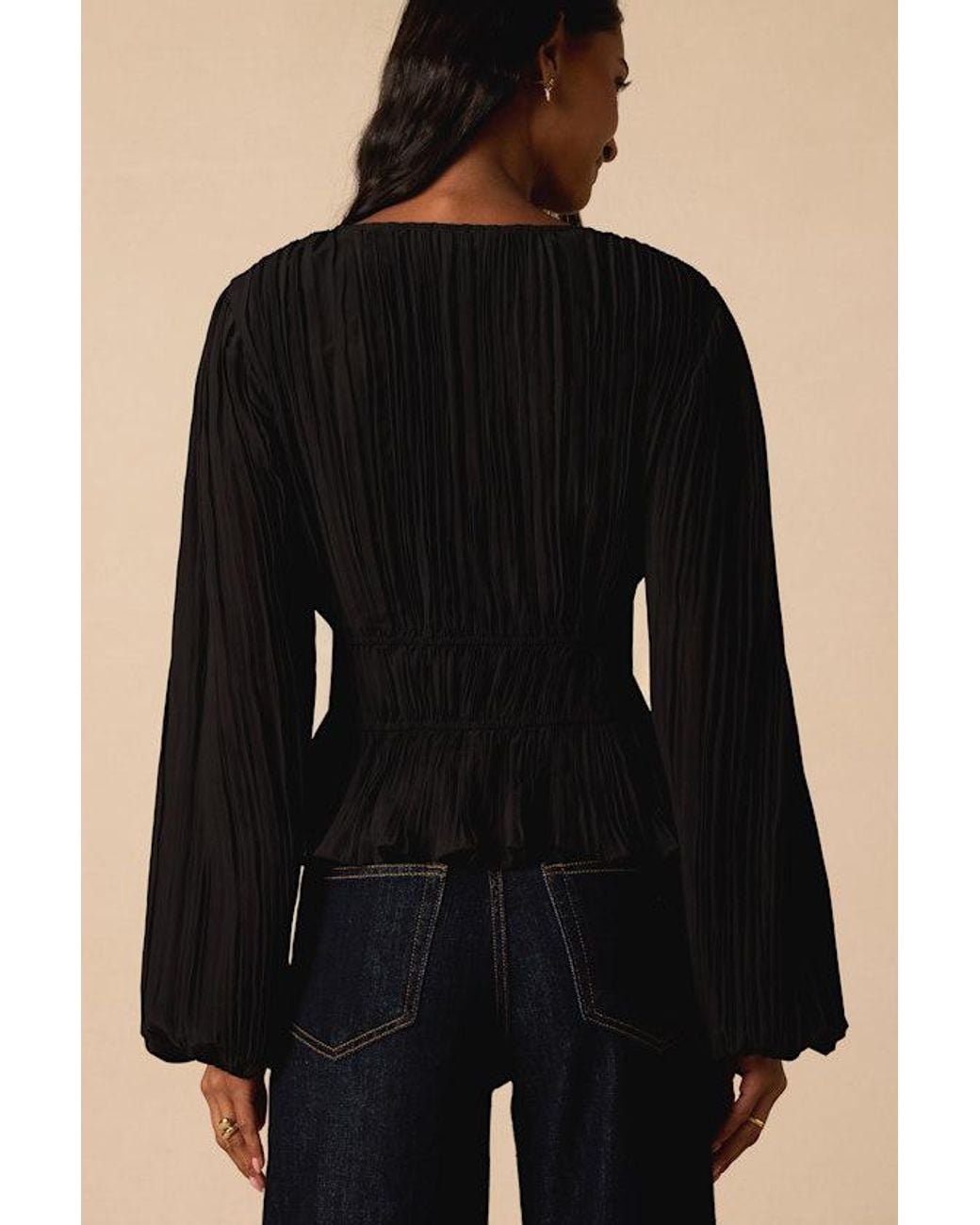 Lulus Black Yvetta Plisse Balloon Sleeve Bow Top
