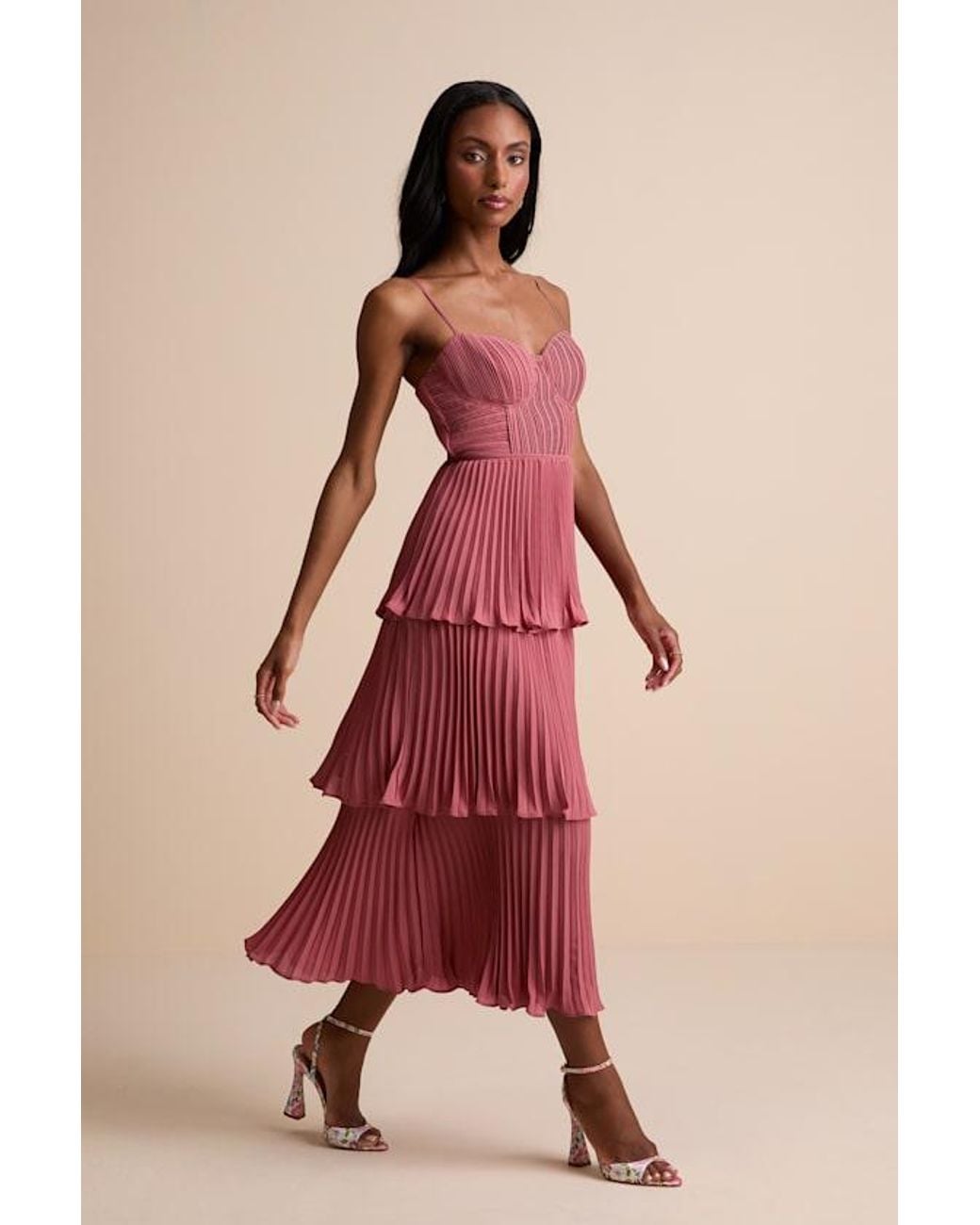 Lulus Cascading Crush Rusty Rose Tiered Bustier Midi Dress