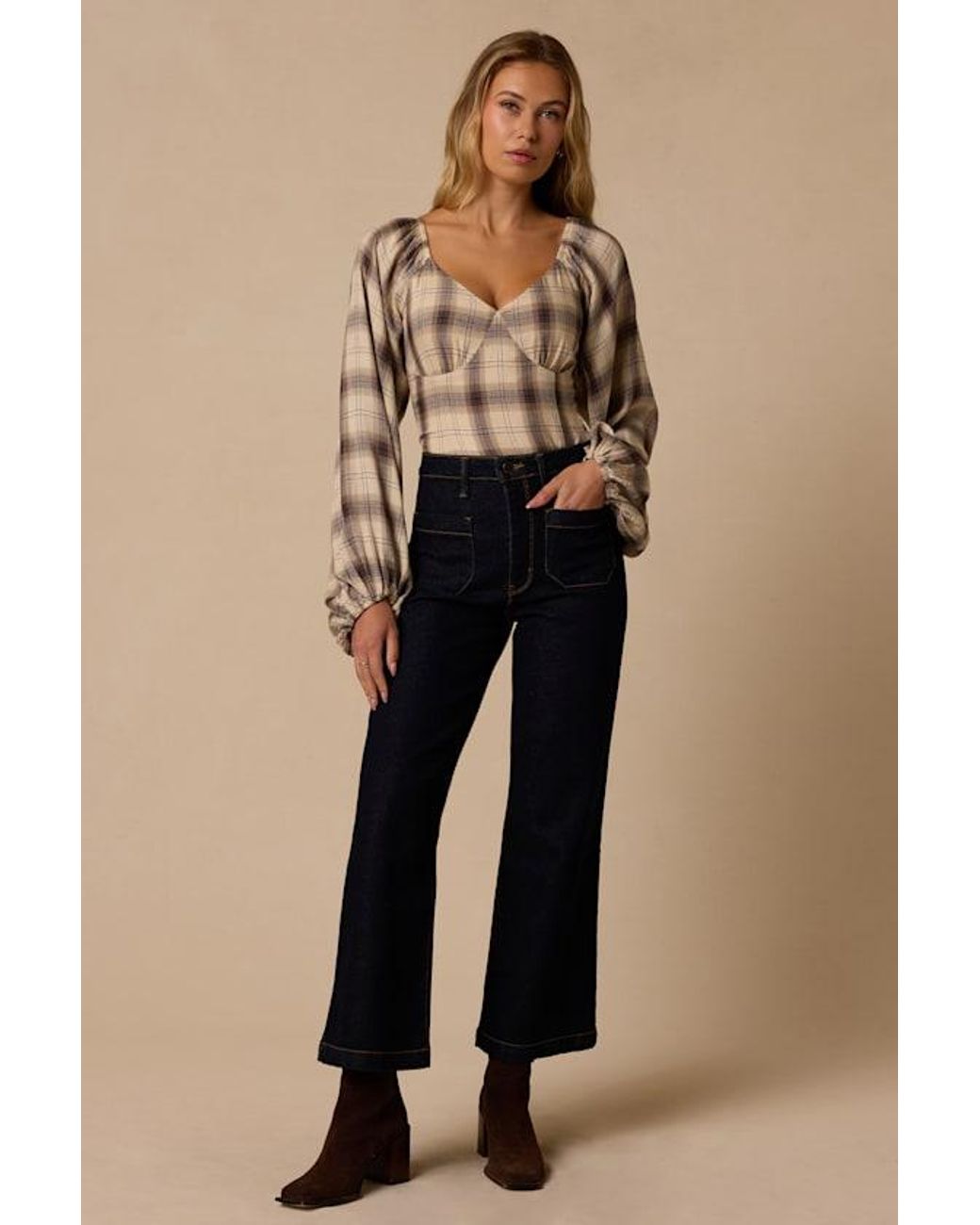 Lulus Brown Quentin Cream Plaid Puff Sleeve Top