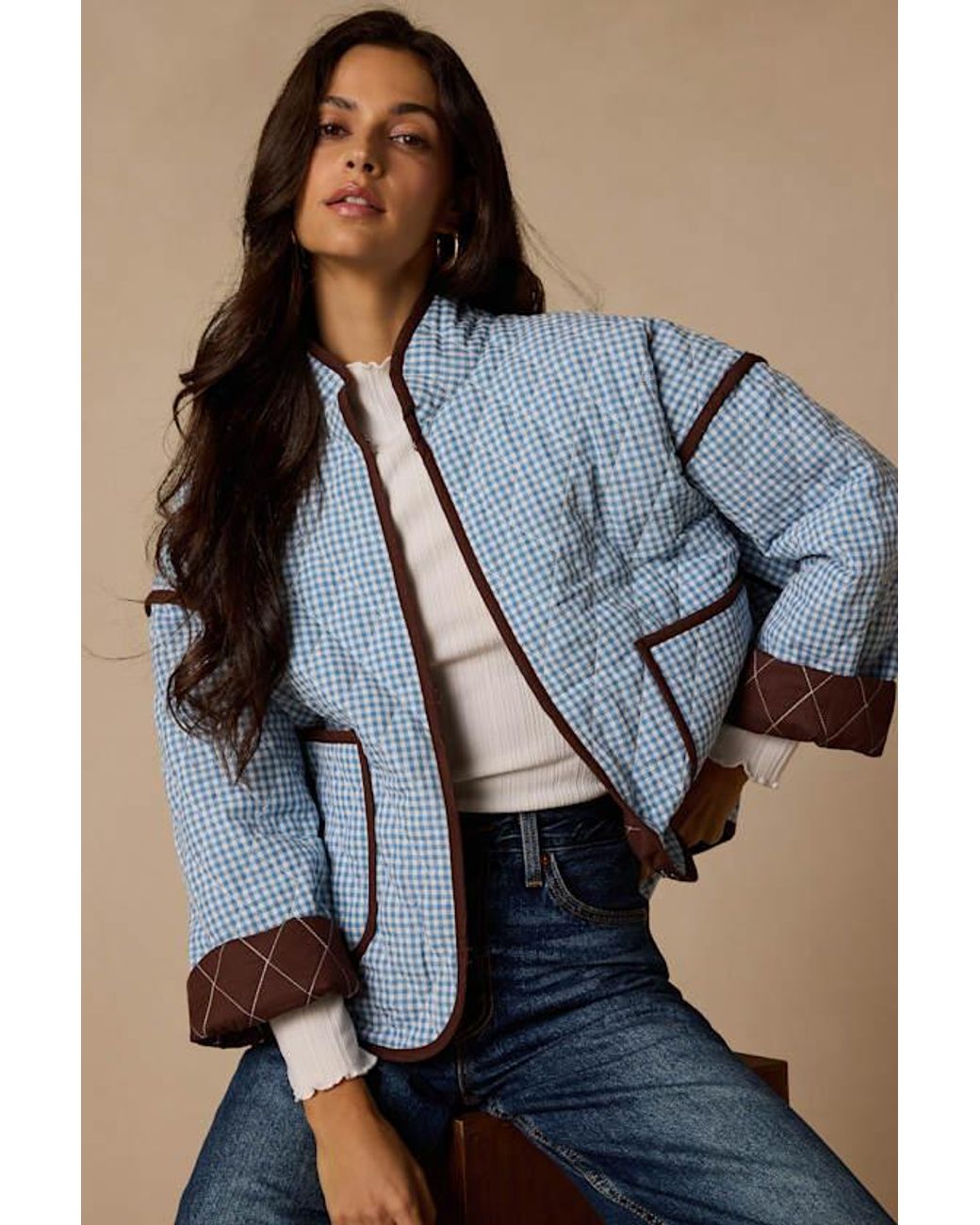Lulus Blue Daisy Gingham Quilted Jacket